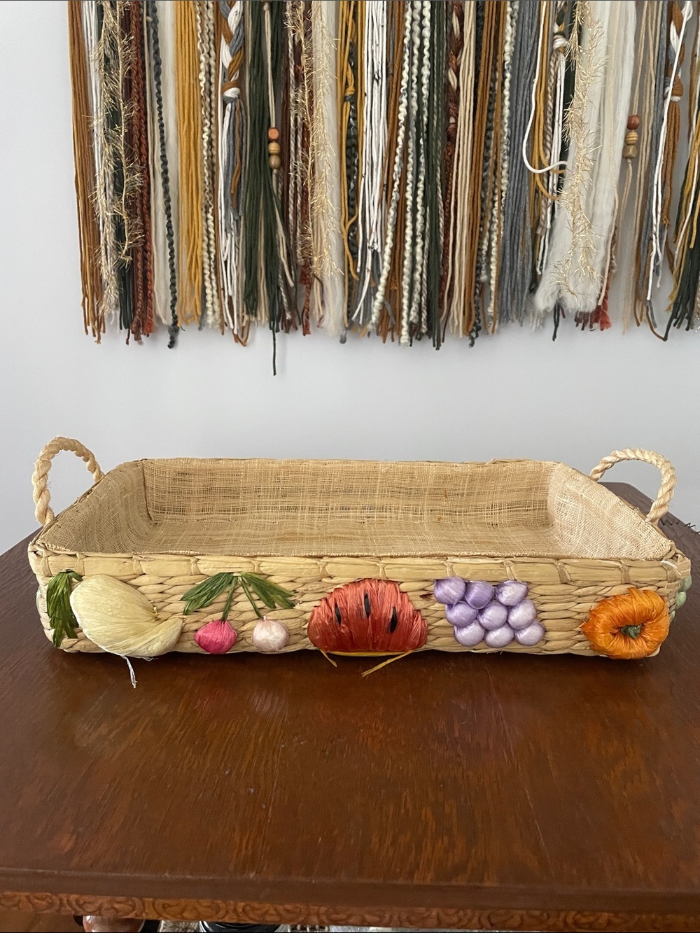 Handcrafted Woven Basket with Colorful fruit Accents boho vibes
